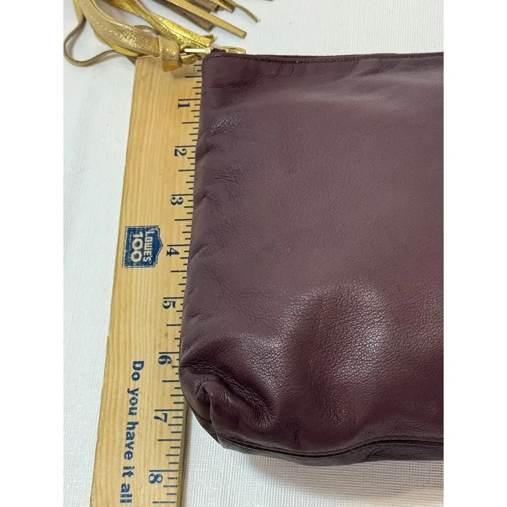 Figue Burgundy Leather Clutch Handbag Gold Tassel Logo With Dust Bag - Picture 9 of 9